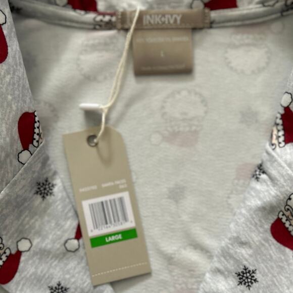INK + IVY NWT Santa Faces Button Down Shirttail Hem Nightshirt Pajamas Gray L - Picture 5 of 7